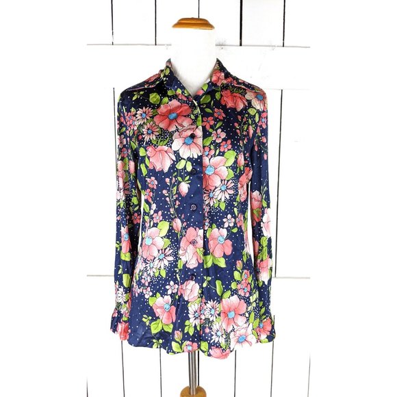 Vintage 70s blue pink floral silky lightweight long sleeve polka dot blouse - Picture 2 of 5